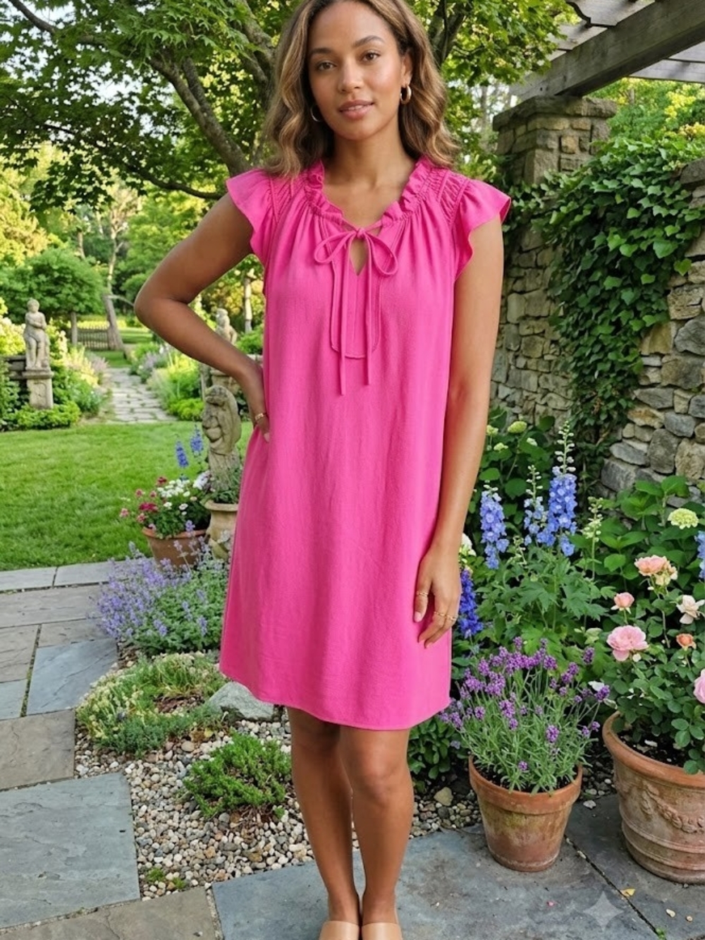 Robbie Bee Hot Pink Ruffle Tie-Neck Sleeveless Dress